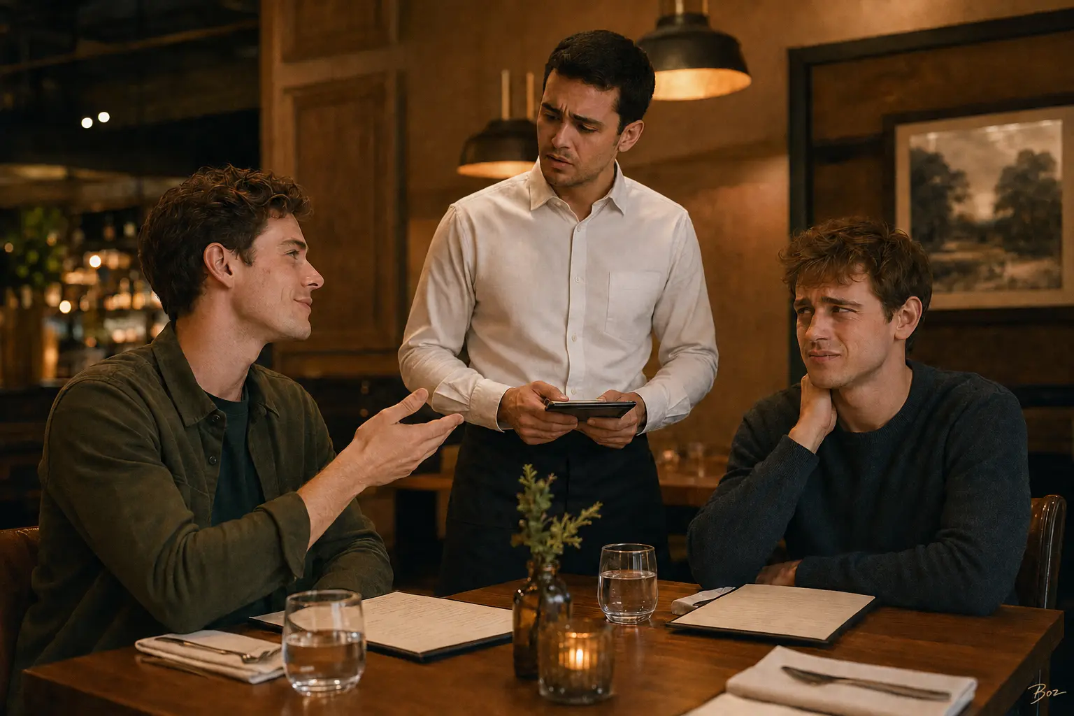 Two young men ordering in a restaurant as one speaks sharply to a puzzled waiter and his friend winces.
